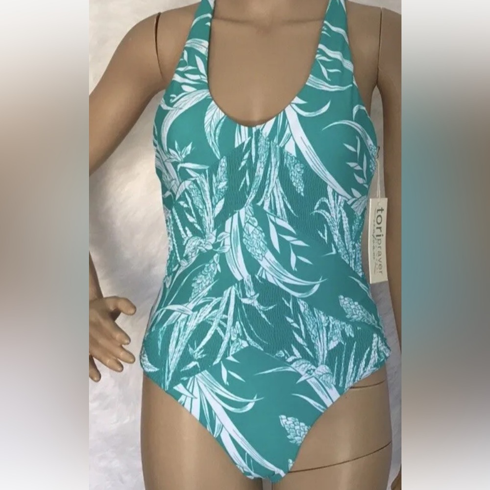 Tori Praver Seafoam Strappy Back Teal, White Ruched One-Piece Swimsuit SMALL NWT